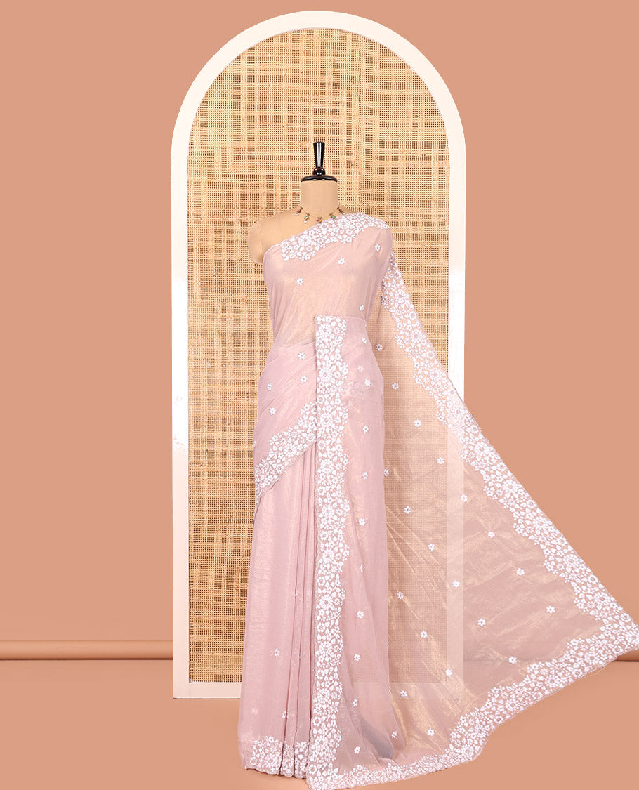 Dusky Pink Shimmer Chiffon Saree, Artfully Detailed with Floral Embroidery on Its Body, Scallop Floral Embroidery Border, a Self-Pallu, and Paired with a Matching Embroidered Blouse