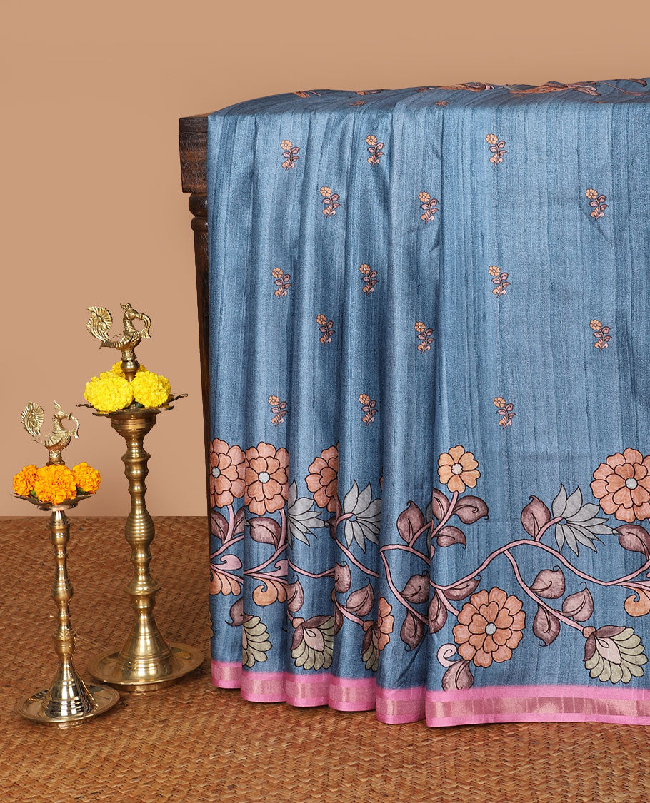 Blue floral digital printed semi tussar silk saree with kalamkari design border & kalamkari design pallu along with printed blouse
