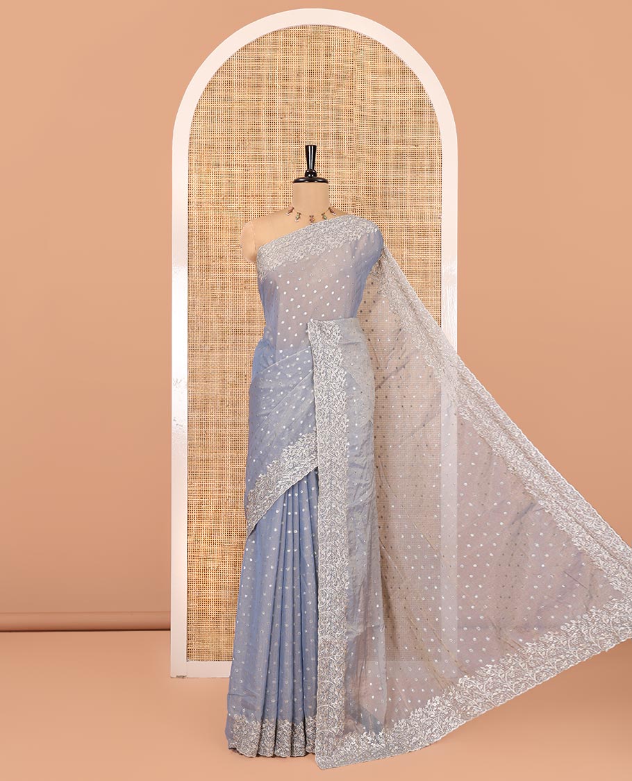 Grey Fendi Chiffon Saree, Steeped with 1000-Buttas All Over Its Body, Highlighted by a Scallop Embroidered Border, a Self-Pallu, and Paired with a Matching Blouse