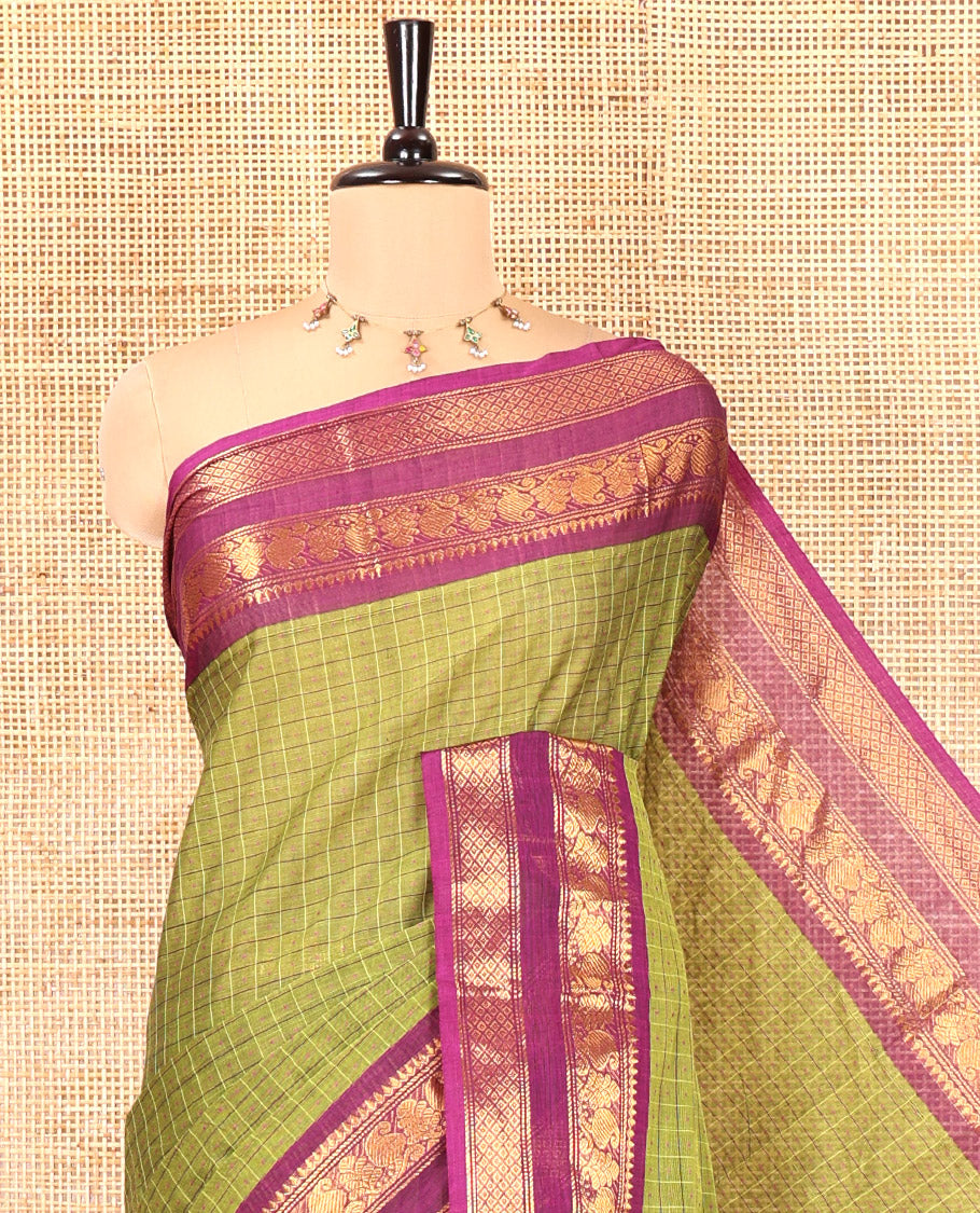 Olive Green Checked Chettinad Cotton Saree, Complemented by a Contrast Traditional Rettai Pettu Border, and a Matching Blouse
