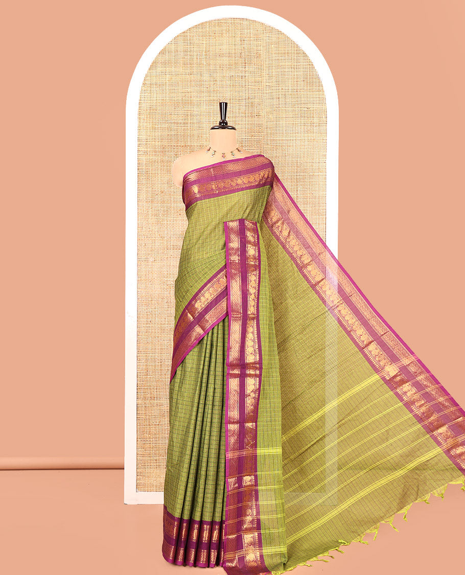 Olive Green Checked Chettinad Cotton Saree, Complemented by a Contrast Traditional Rettai Pettu Border, and a Matching Blouse