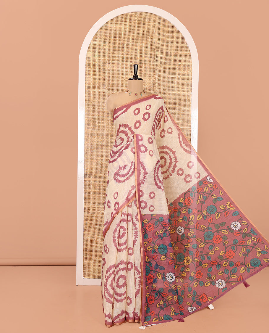 Cream-Plum Linen Cotton Saree, Adorned with Shibori Print, Contrast Piping Border, Kalamkari Floral Vine Pallu, and a Contrast Blouse