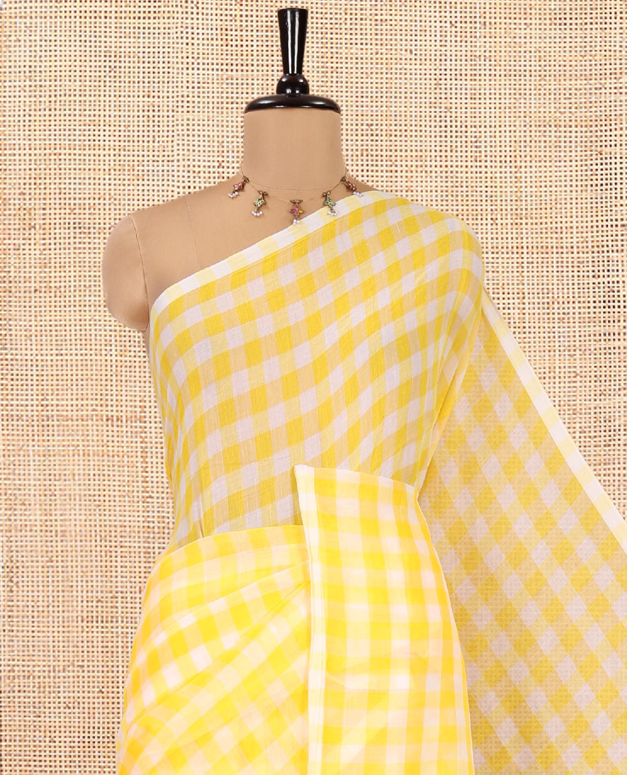 Borderless Yellow Khadi Mul Cotton Saree, Adorned with Micro-Checks and No Blouse