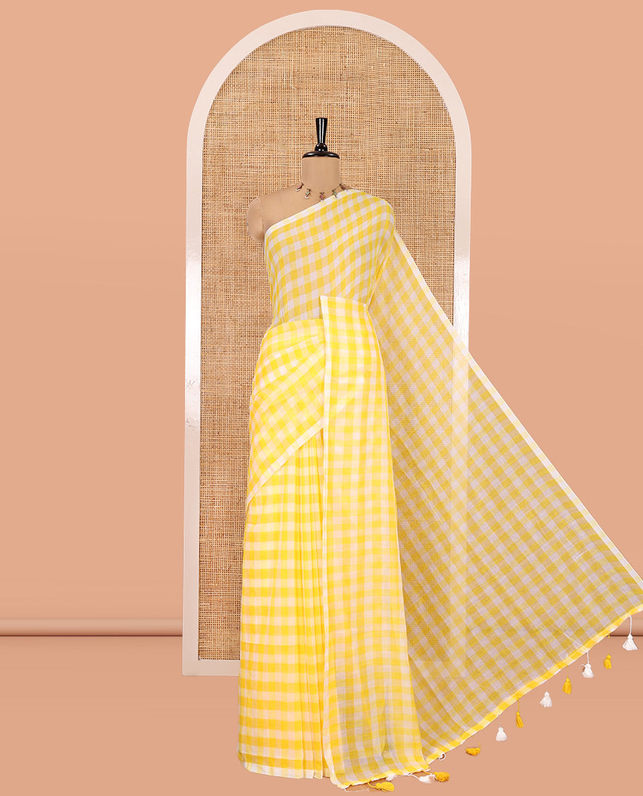 Borderless Yellow Khadi Mul Cotton Saree, Adorned with Micro-Checks and No Blouse