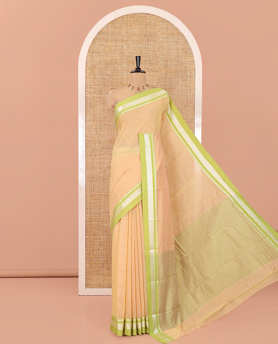 Light Yellow Mercerised Cotton Saree with Sparse Stripes, a Contrast Temple Border, Striped Pallu, and a Matching Blouse