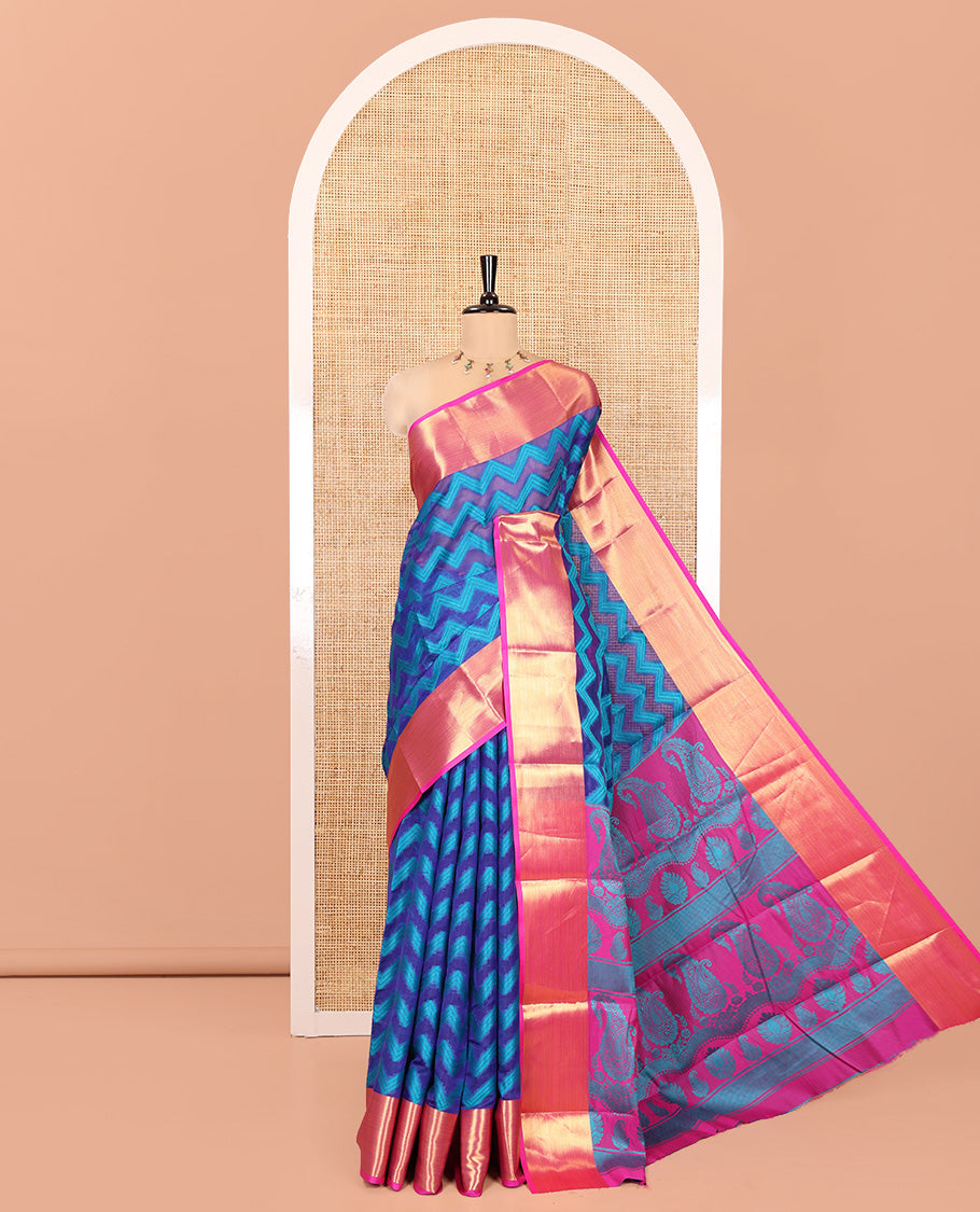 Royal Blue Semi-Organza Saree Features Pochampally Ikat Chevron Stripes, a Contrast Border, Paisley Pallu, and Contrast Blouse