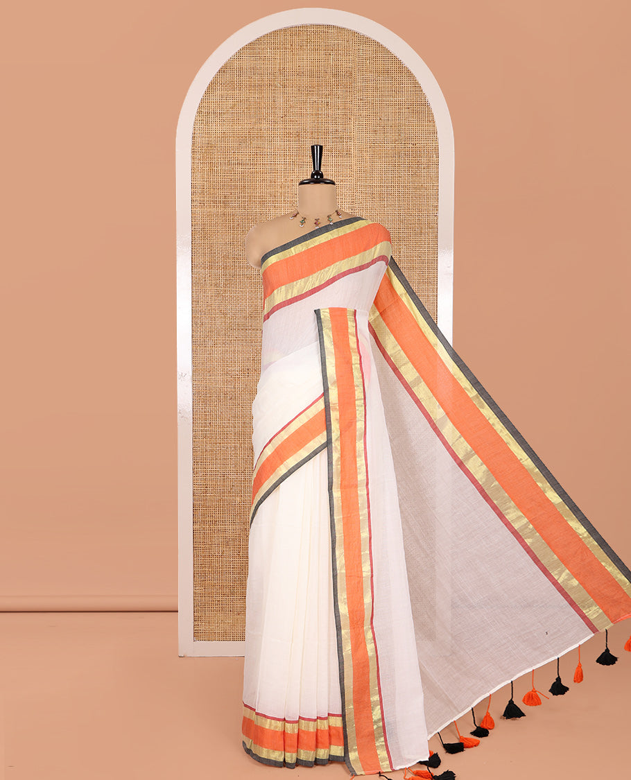 Cream Plain Khadi Mul Cotton Saree, Complemented by a Contrast Orange Zari Border, a Self-Pallu, and No Blouse