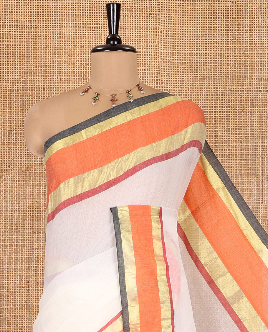 Cream Plain Khadi Mul Cotton Saree, Complemented by a Contrast Orange Zari Border, a Self-Pallu, and No Blouse