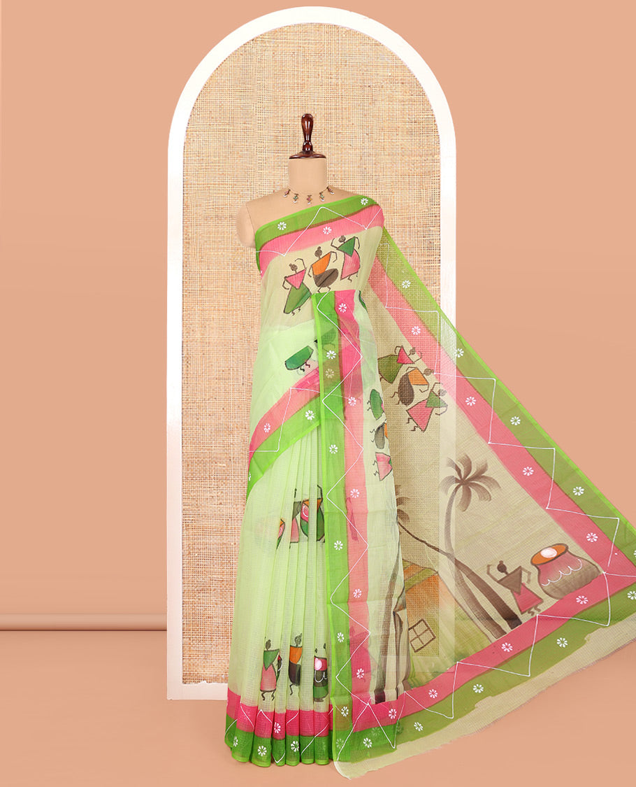Parrot Green Kota Doria Saree with Artful Warli Print, a Contrast Border, Village Printed Pallu, and a Matching Blouse