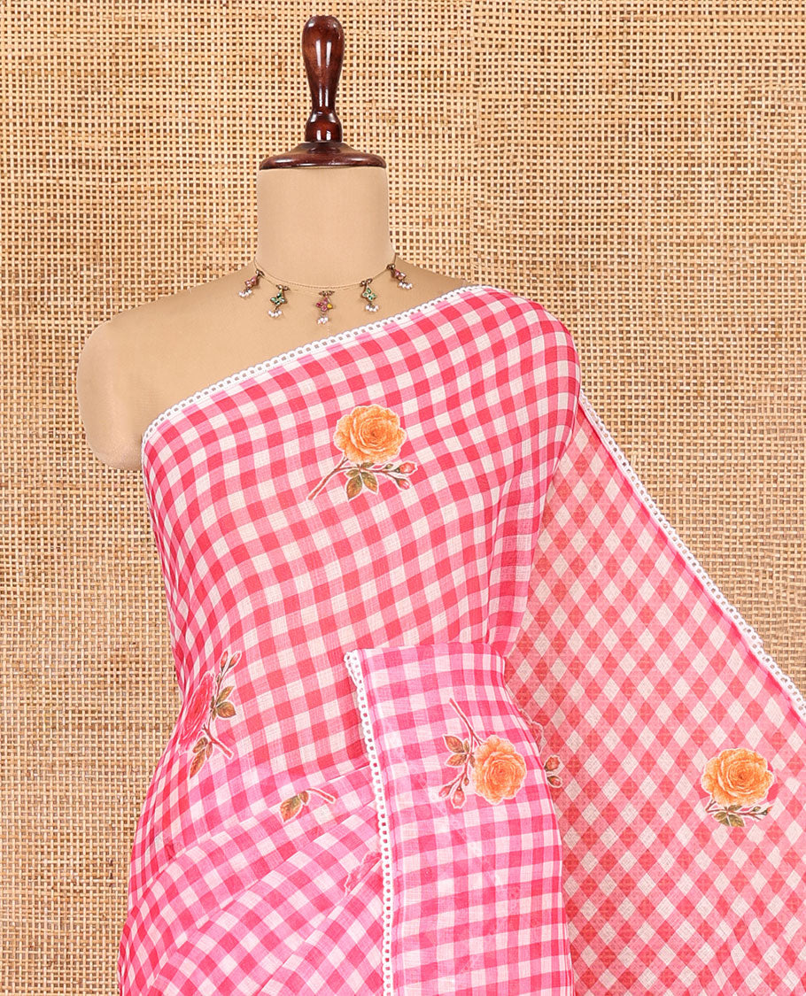 Pink Linen Cotton Saree, Adorned with Checks and a Floral Print, Lace Border, a Self-Pallu, and a Contrast Blouse