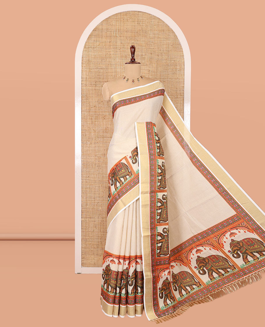 Cream Plain Kerala Cotton Saree, Self-Border of Elephant Motifs, Printed Pallu, and a Contrast Blouse