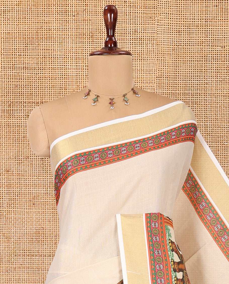 Cream Plain Kerala Cotton Saree, Self-Border of Elephant Motifs, Printed Pallu, and a Contrast Blouse