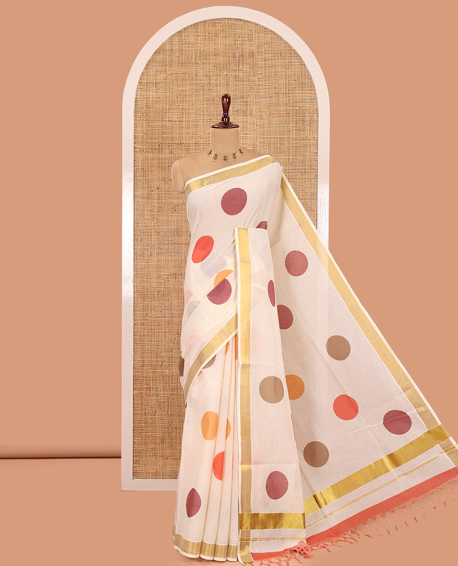 Cream Kerala Cotton Saree, Steeped with Multi-Color Polka Dots, a Zari Border, a Contrast Blouse