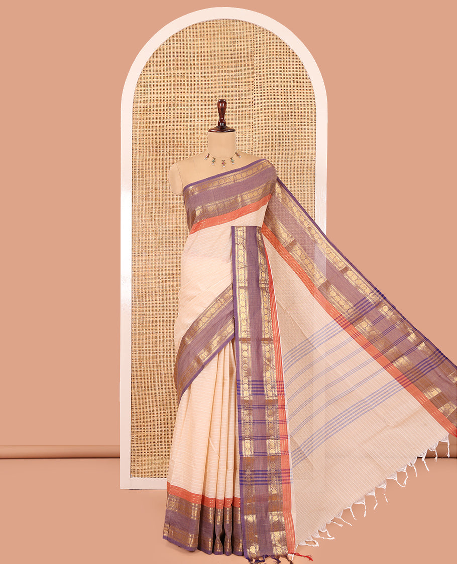 Chikku Striped Chettinad Cotton Saree, Complemented by a Contrast Traditional Rettai Pettu Border, Striped Pallu, and a Matching Blouse