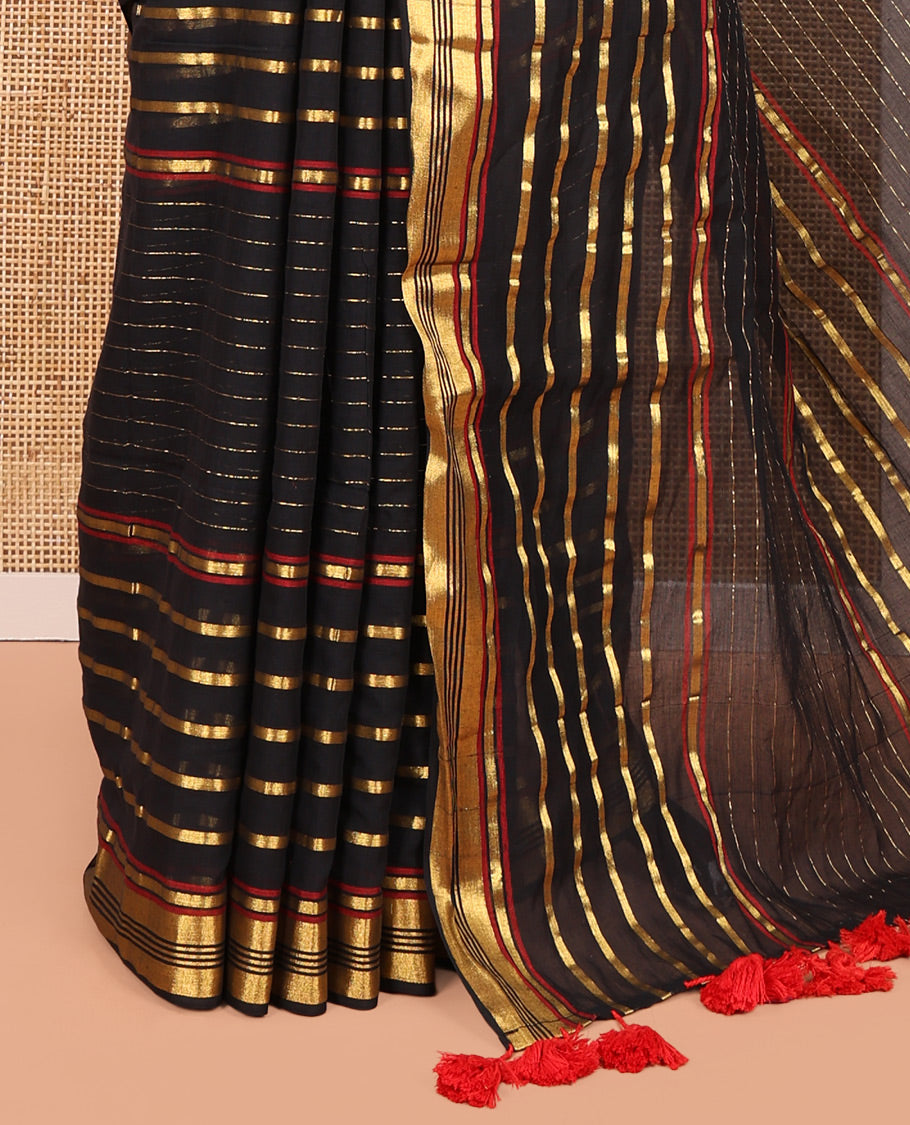 Black Khadi Mul Cotton Saree, Elevated with Horizontal Gold Zari Stripes, a Zari Border, Self-Pallu, and No Blouse