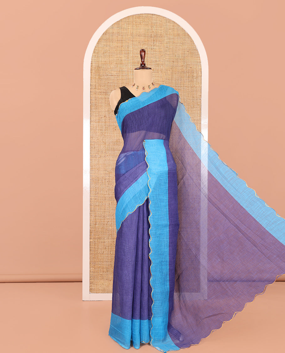 Violet Plain Linen Cotton Saree, Contrast Plain Scallop Border, a Self-Pallu, and Contrast Kalamkari Printed Blouse