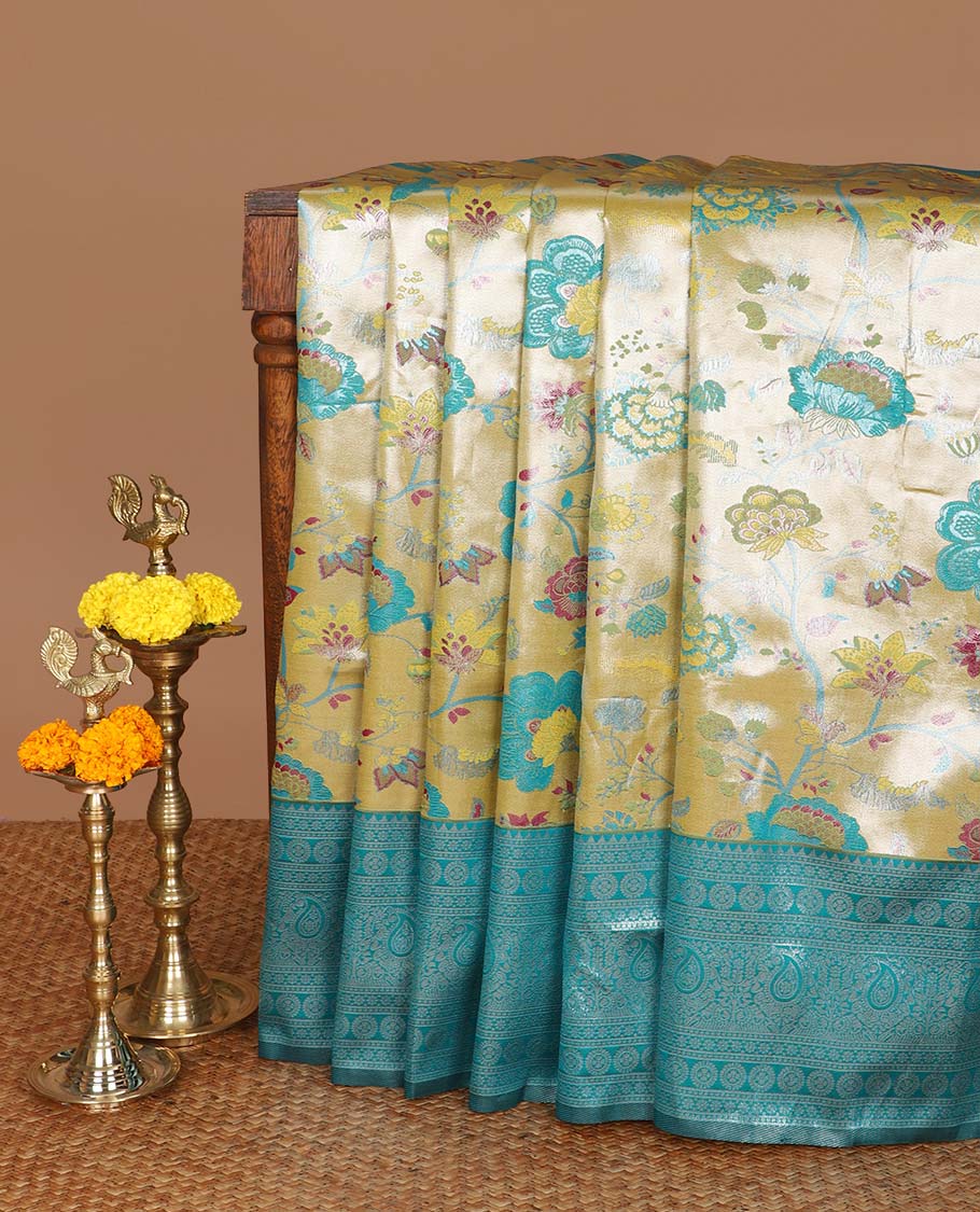 Mustard brocade jacquard design litchi tissue silk saree with contrast border & zari rich pallu along with zari butta design blouse