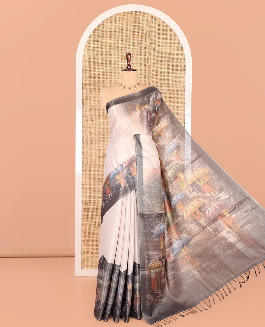 Gold Rain-Themed Printed Tissue Saree Features People with Umbrellas, a Contrast Zari Border, and a Matching Blouse