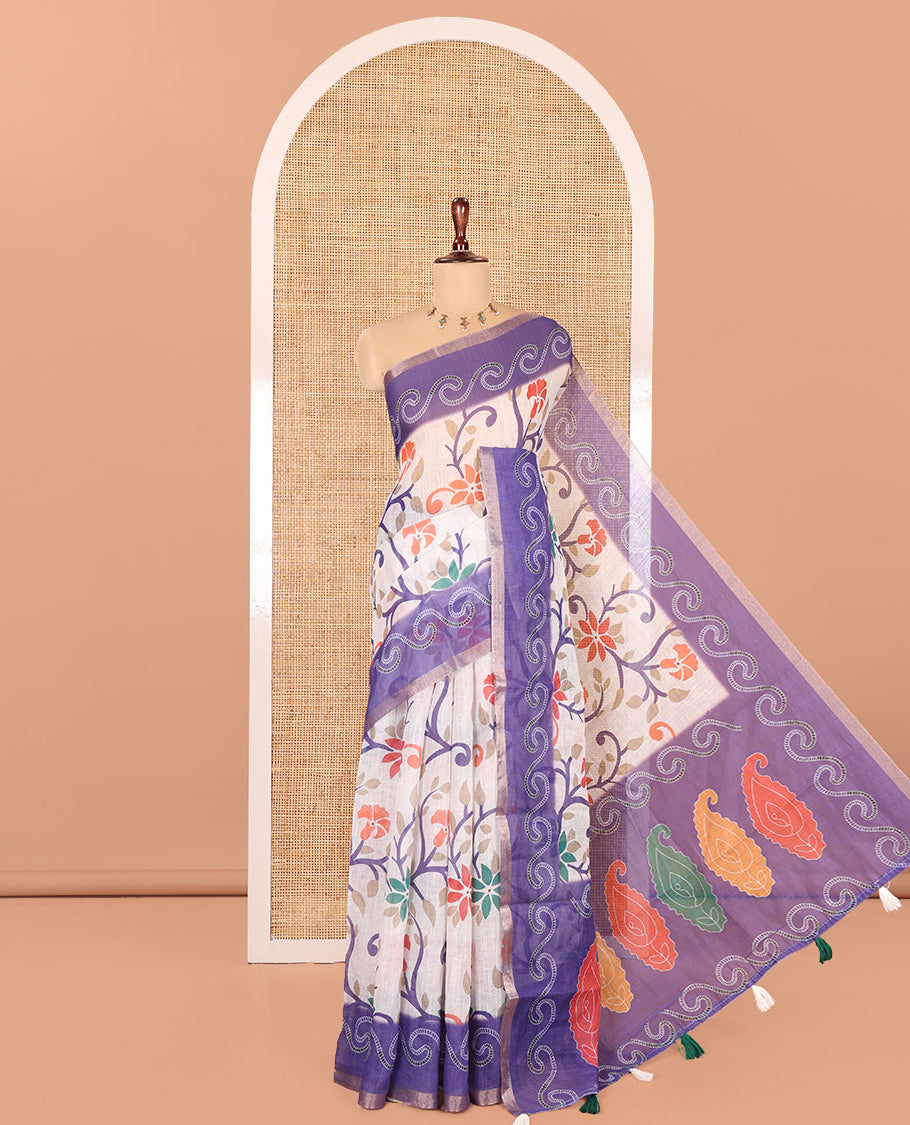 Violet Linen Cotton Saree Features Floral Vine Print, a Contrast Border, Paisley-Printed Pallu, and a Contrast Blouse