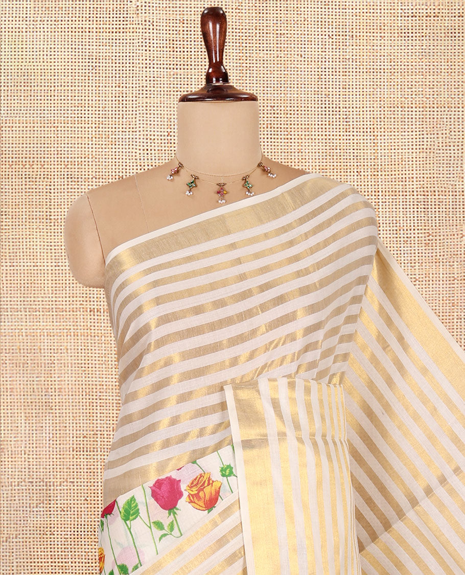Cream Kerala Cotton Saree, Adorned with Floral Print, Highlighted by Horizontal Zari Striped Border, a Matching Blouse