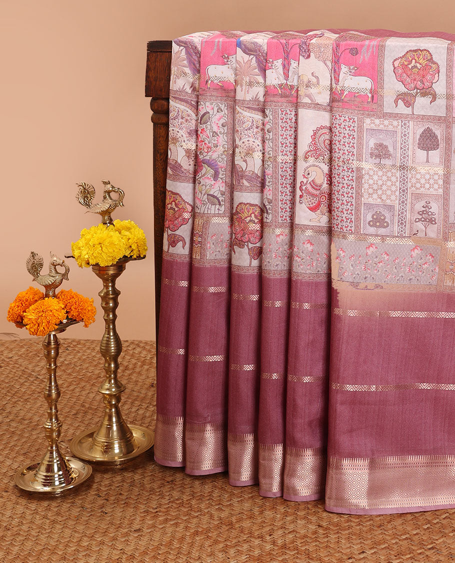 Onion color architechtural elements, figure zari design dola silk saree with architechtural elements border & architechtural elements figures pallu along with printed pallu