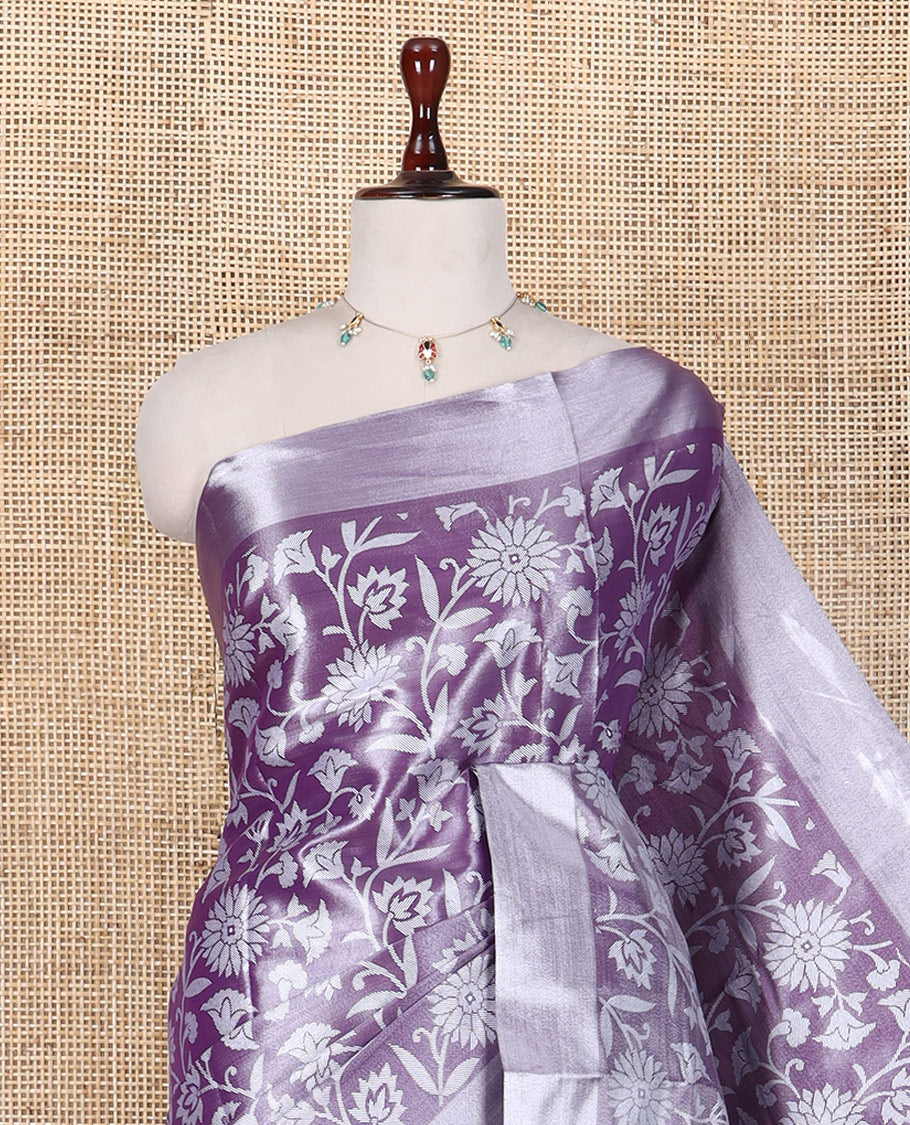 Purple Tissue Cotton Saree Features Floral Vine Design, a Zari Border, Contrast Intricate Pallu, and a Contrast Blouse