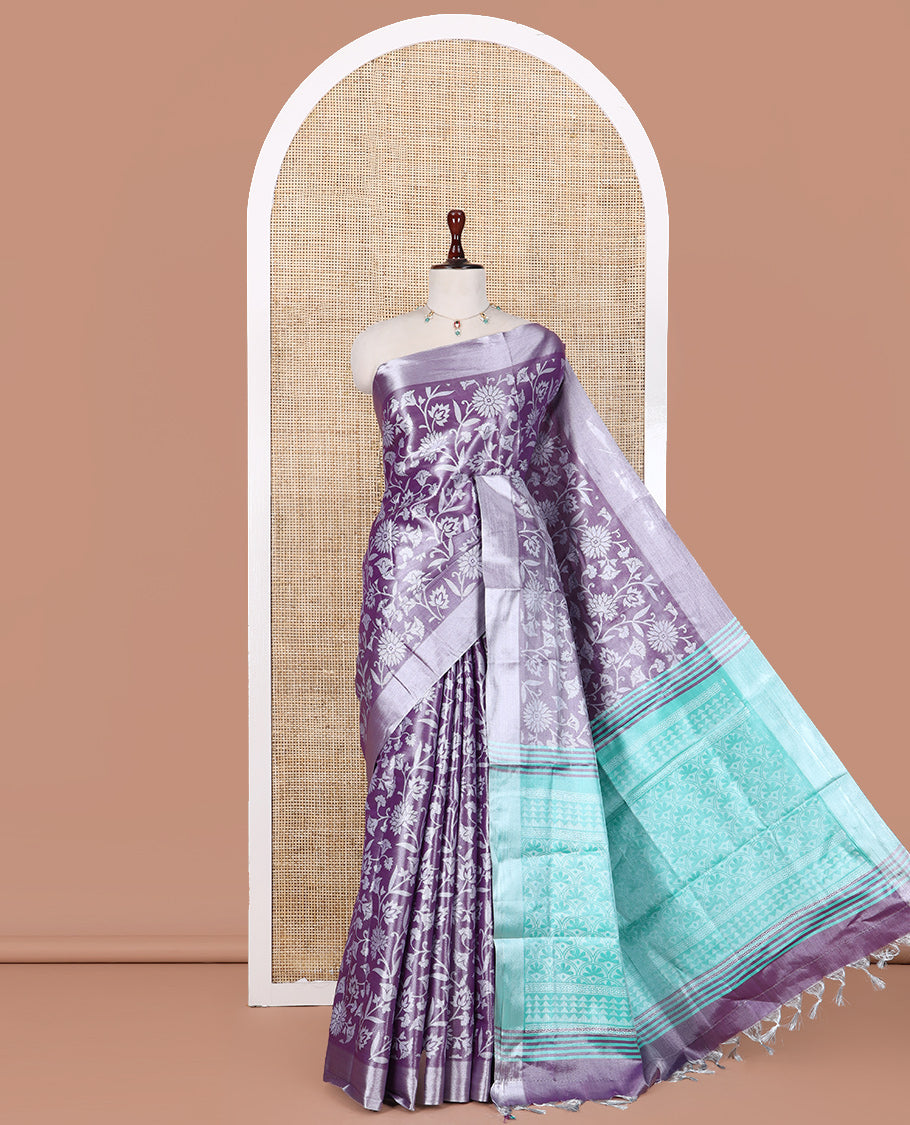 Purple Tissue Cotton Saree Features Floral Vine Design, a Zari Border, Contrast Intricate Pallu, and a Contrast Blouse
