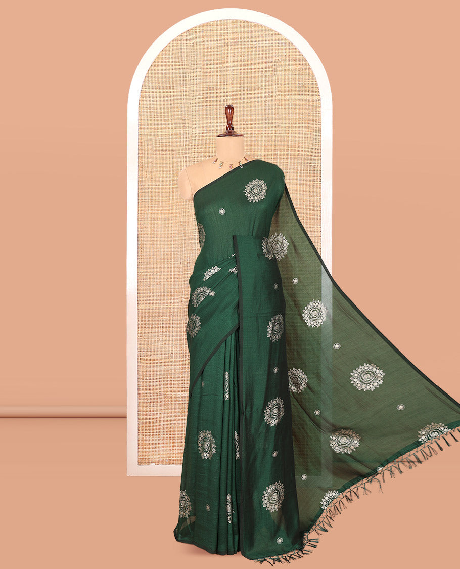 Borderless Bottle Green Vichitra Silk Saree, Enriched with Circle Buttas, a Self-Pallu, and No Blouse