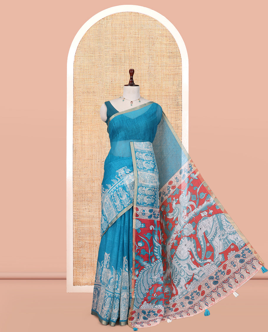 Blue Linen Cotton Saree Features Kalamkari-Style Human Motifs Print, a Piping Border, Contrast Printed Pallu, and Contrast Blouse