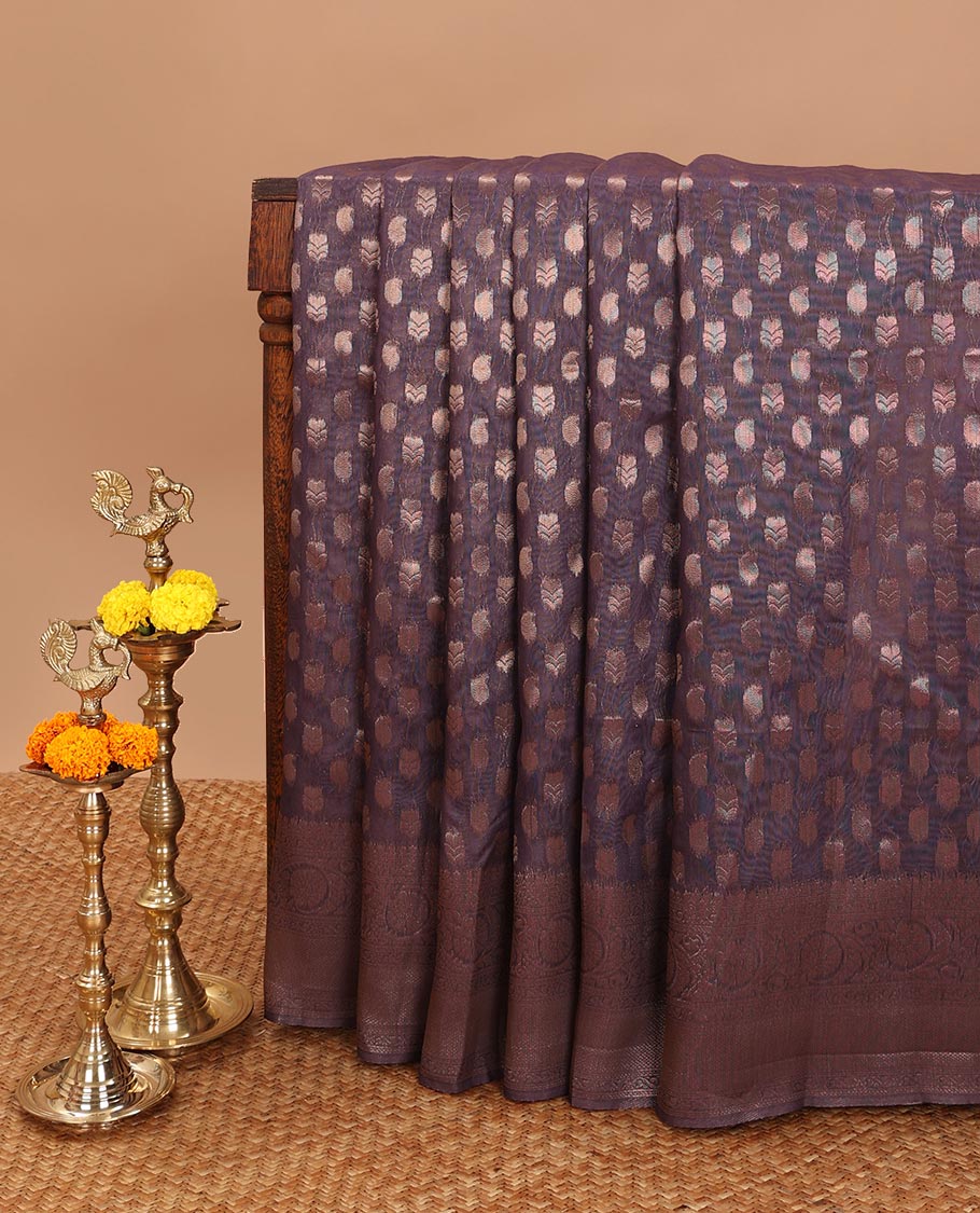 Purple copper zari butta semi banaras weaving saree with contrast zari border & rich pallu along with plain blouse