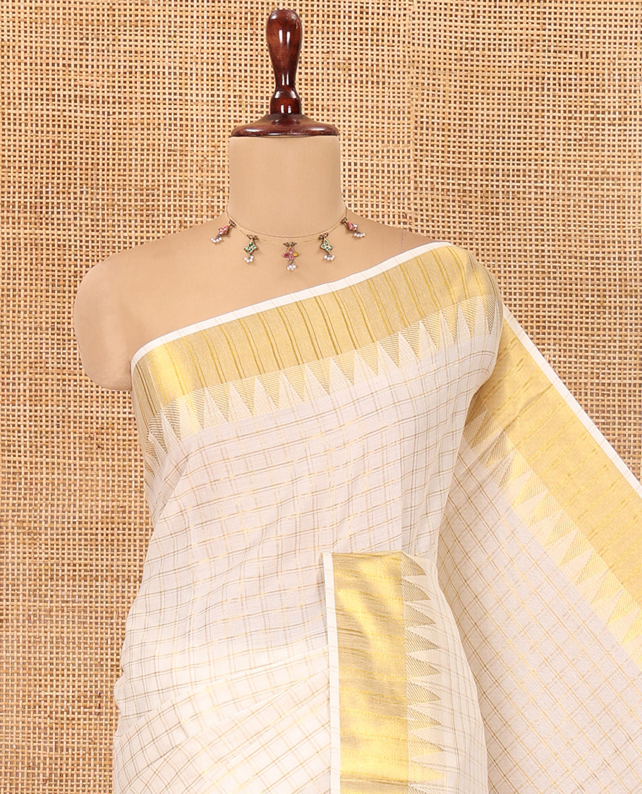 Cream Zari Checked Kerala Tissue Saree, Highlighted by a Zari Border, and a Matching Blouse