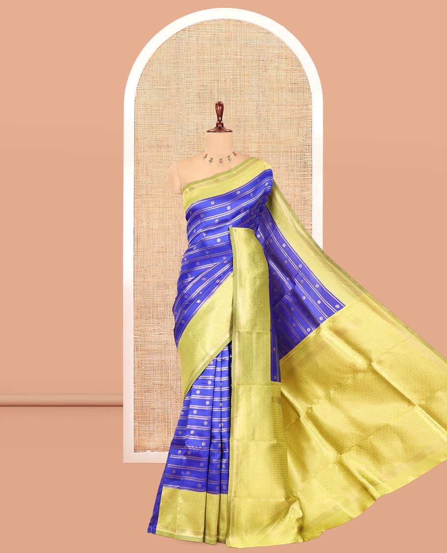 Royal Blue Semi-Kanchi Silk Saree, Embellished with Zari Buttas and Stripes, a Contrast Traditional Zari Border, Jaal Pallu, and a Contrast Blouse