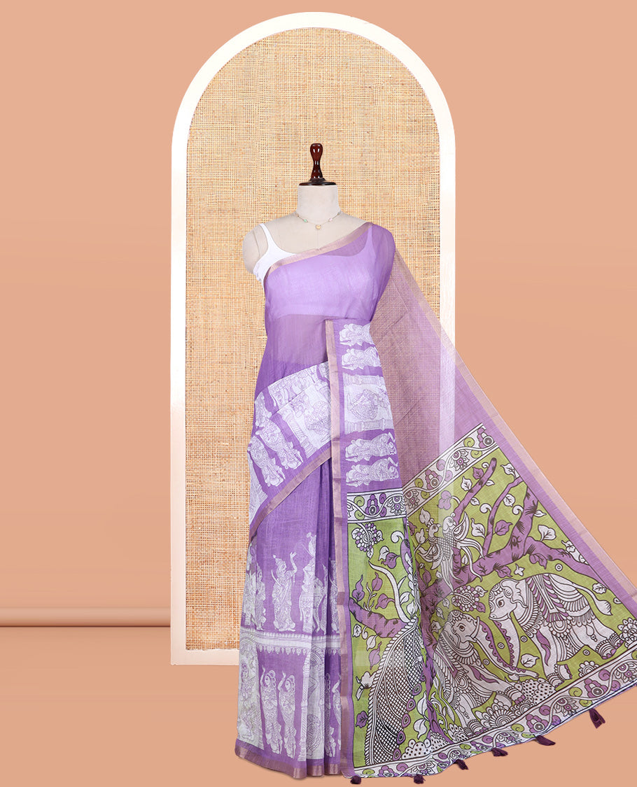 Lavender Linen Cotton Saree Features Kalamkari Human Figurines, a Piping Border, Kalamkari Pallu, Contrast Blouse
