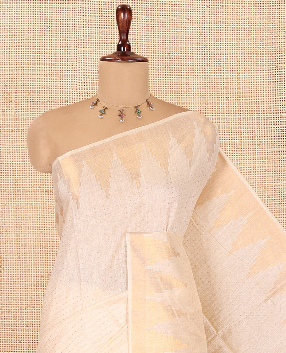 Cream Bhagalpur Cotton Saree, Accentuated with Dotted Stripes, a Zari Temple Border, Self-Pallu, and a Matching Blouse