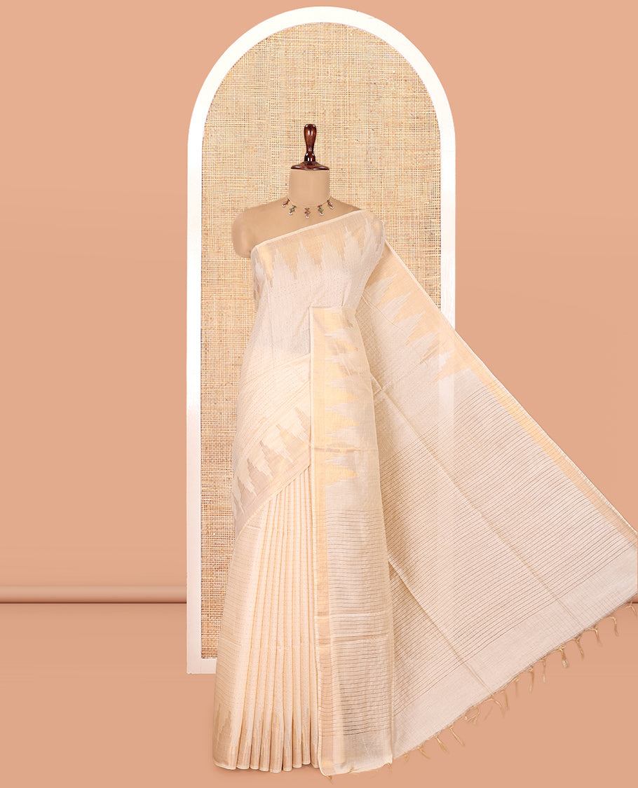 Cream Bhagalpur Cotton Saree, Accentuated with Dotted Stripes, a Zari Temple Border, Self-Pallu, and a Matching Blouse