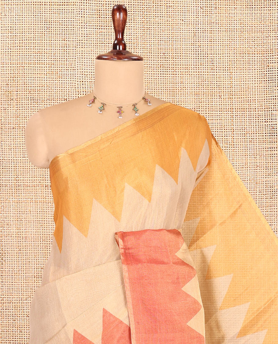 Gold-Pink-Mustard Plain Tissue Saree, Complemented by Contrast Ganga-Jamuna Temple Border, a Matching Blouse