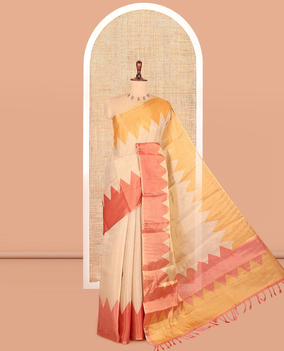 Gold-Pink-Mustard Plain Tissue Saree, Complemented by Contrast Ganga-Jamuna Temple Border, a Matching Blouse