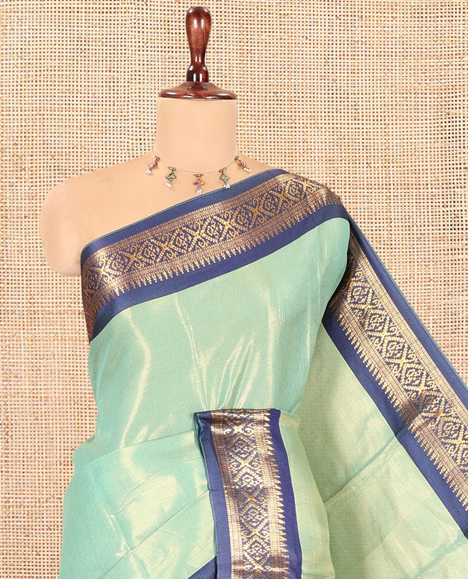 Sea Green Plain Tissue Cotton Saree, Contrast Traditional Border, Striped Pallu, and Contrast Blouse
