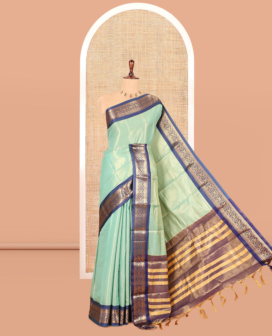 Sea Green Plain Tissue Cotton Saree, Contrast Traditional Border, Striped Pallu, and Contrast Blouse
