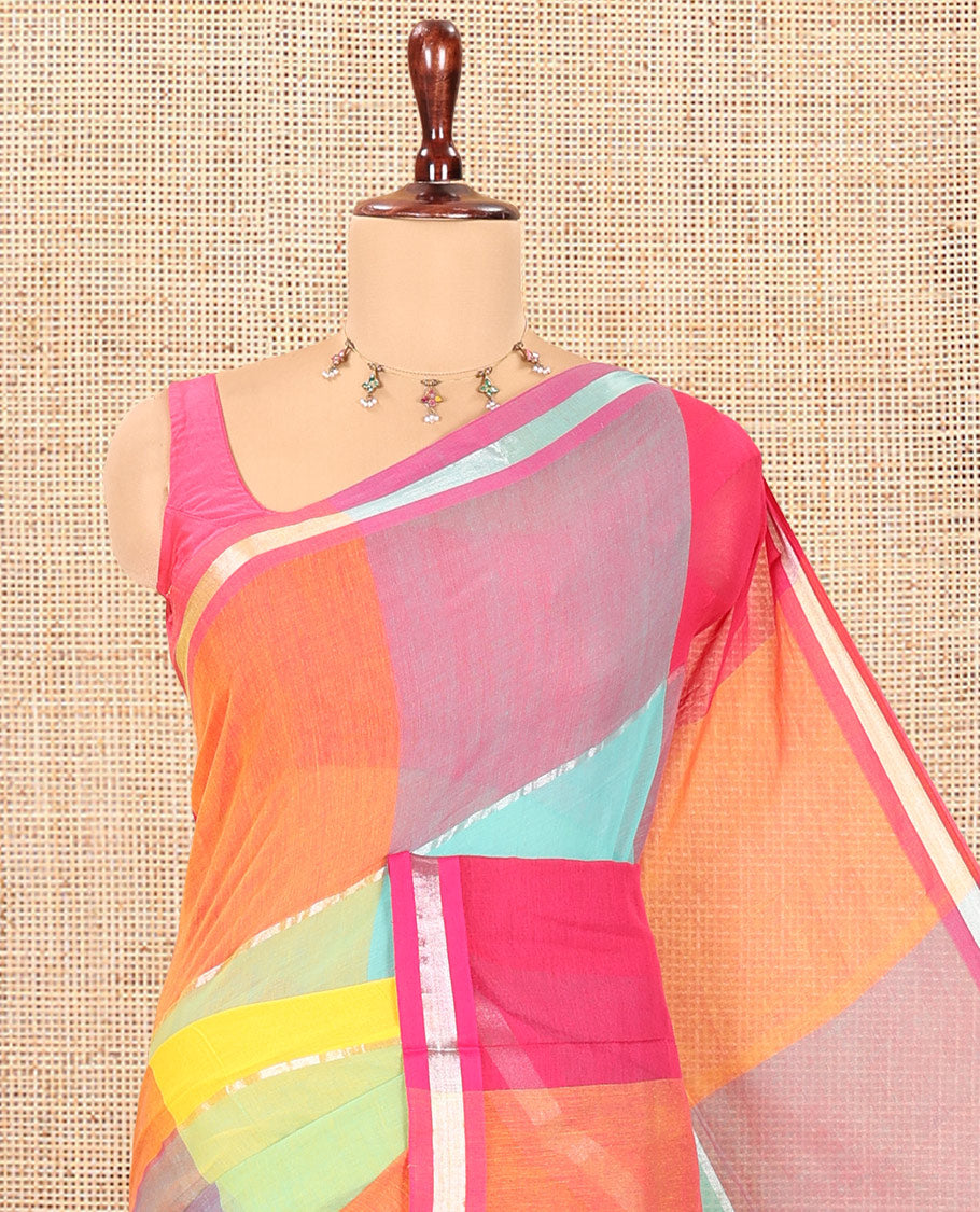 Blue Big Checked Khadi Mul Cotton Saree, a Piping Border, Striped Pallu, and No Blouse