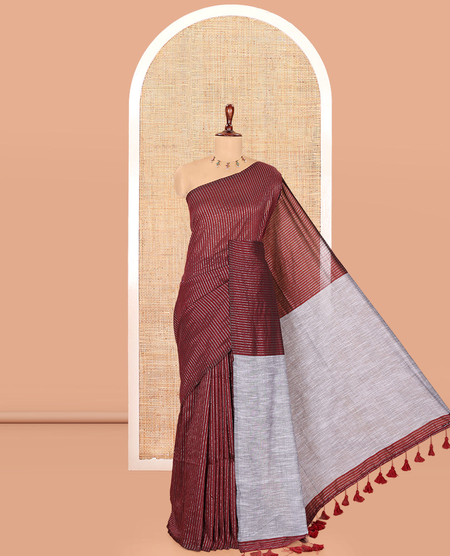 Borderless Maroon Zari Striped Khadi Cotton Saree, Contrast Pallu, and No Blouse