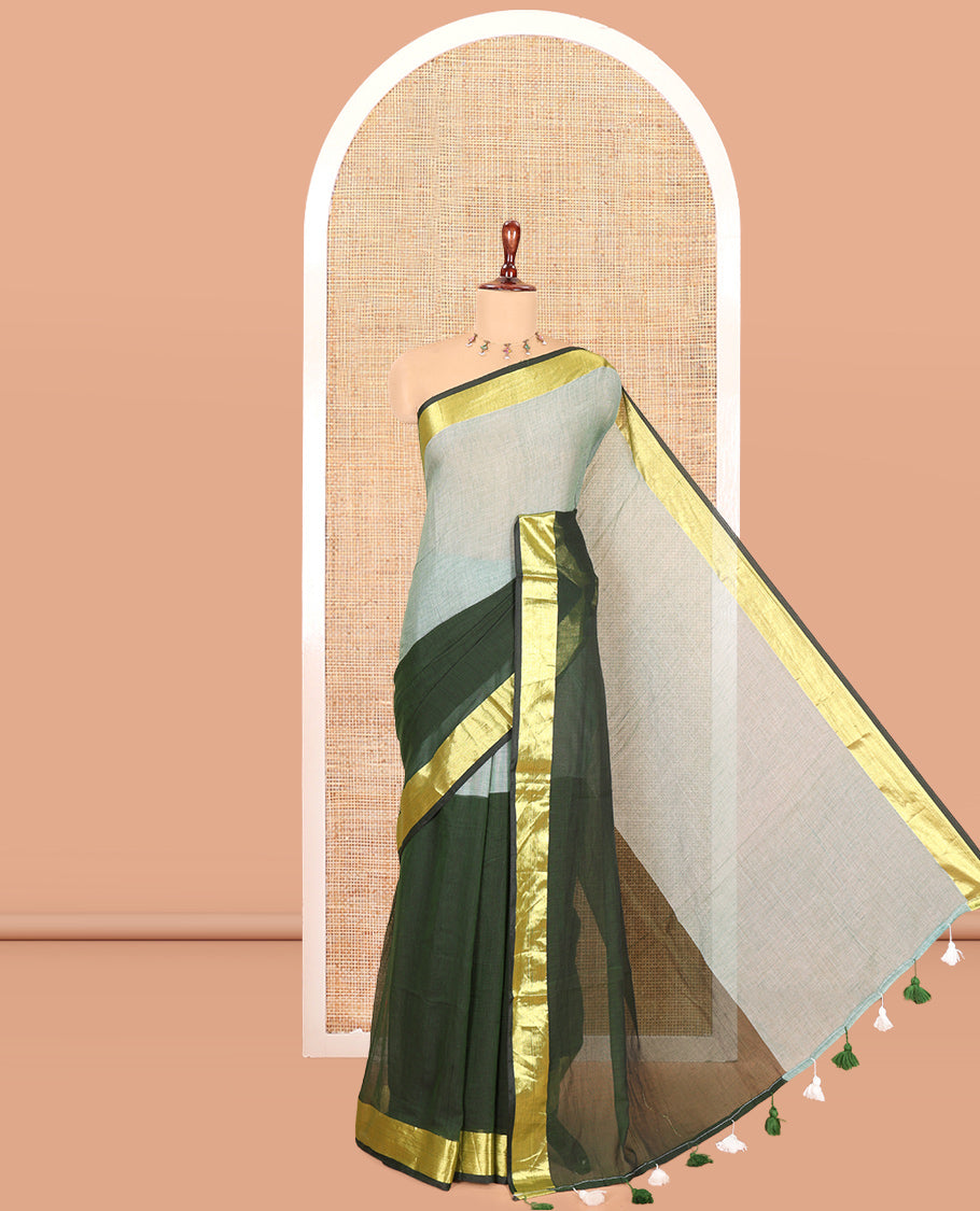Light Green-Mehenti Half-And-Half Plain Khadi Mul Cotton Saree, with a Zari Border, and No Blouse