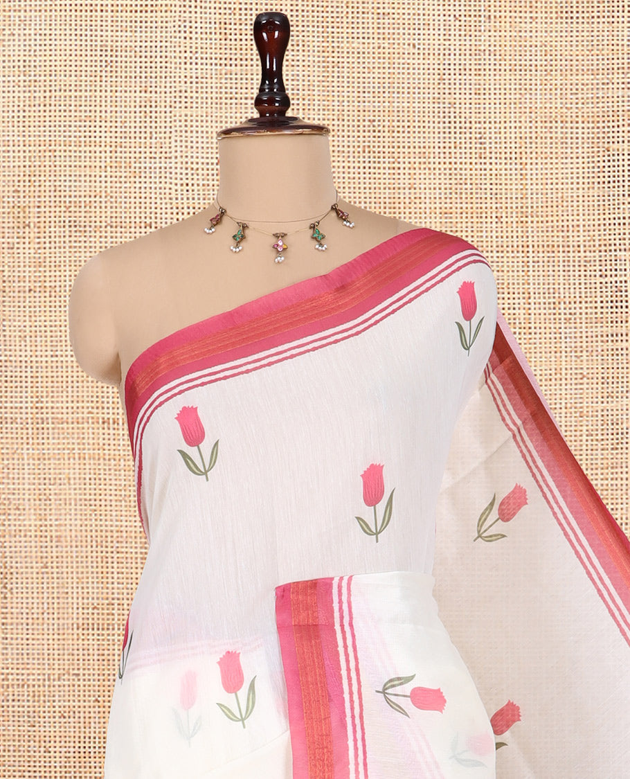 Gold Scandinavian Floral Kerala Cotton Saree, a Contrast Border, a Floral Pallu, and a Matching Blouse