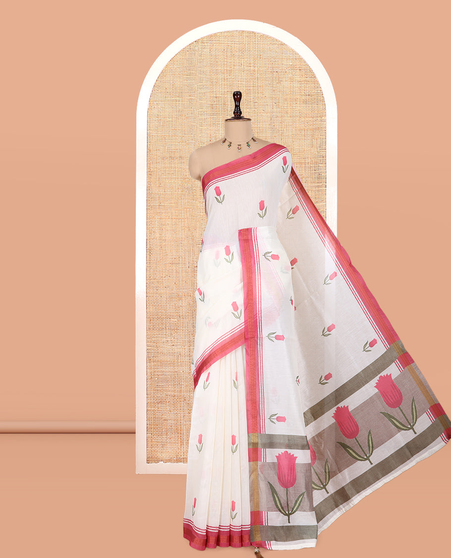 Gold Scandinavian Floral Kerala Cotton Saree, a Contrast Border, a Floral Pallu, and a Matching Blouse