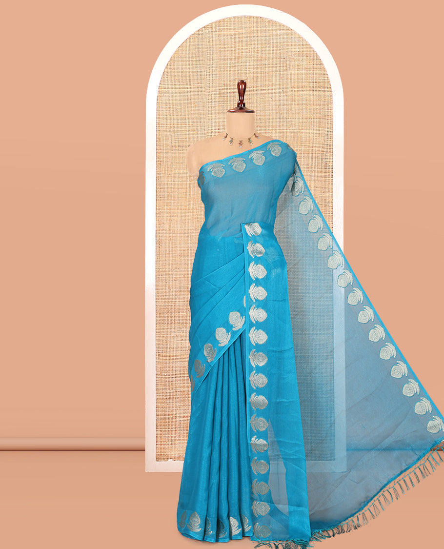 Blue Plain Moss Chiffon Saree, Highlighted by Gold Zari Floral Border, and a Self-Pallu