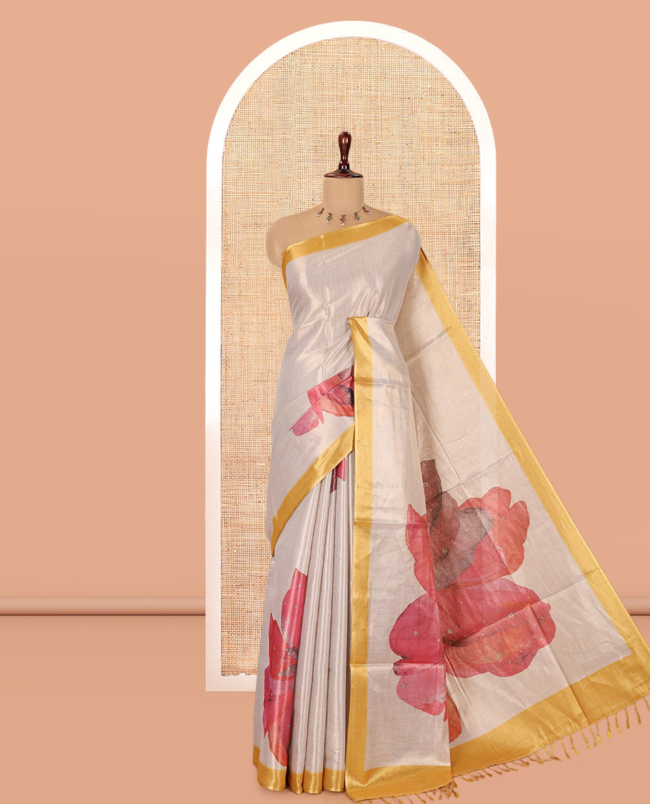 Gold Tissue Saree Features Floral Print and Stone Work, a Contrast Border, and a Contrast Blouse
