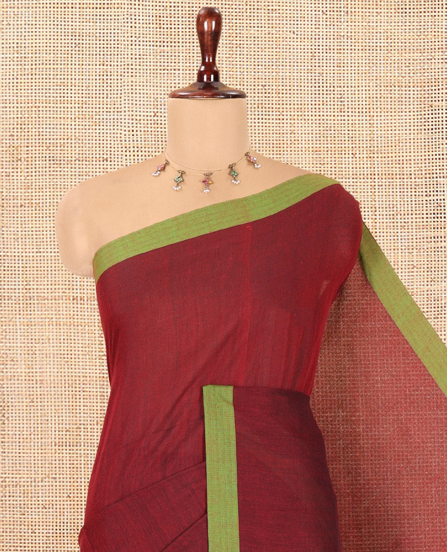 Maroon Plain Khadi Cotton Saree, a Contrast Border, a Self-Pallu, and No Blouse
