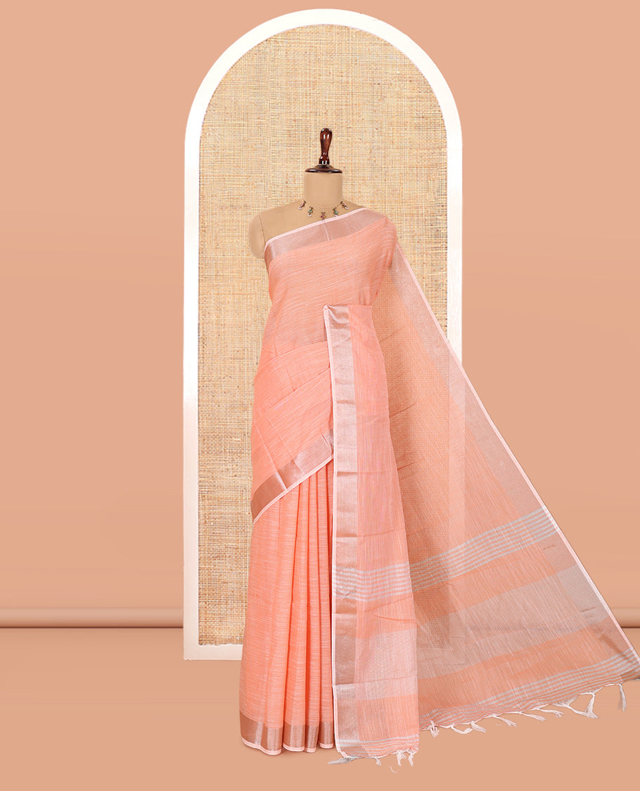 Orange Plain Linen-Cotton Saree, a Zari Border, Striped Pallu, and a Matching Blouse