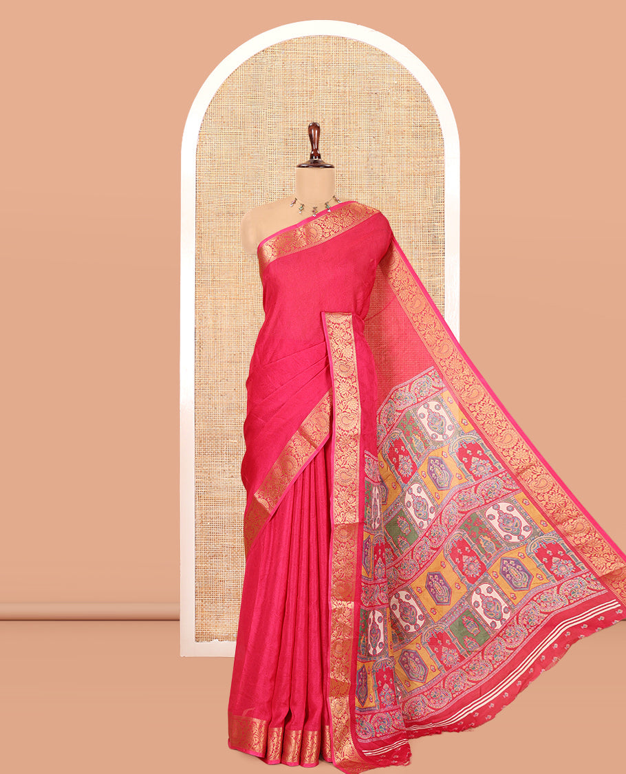 Rani Pink Embossed Moss Chiffon Saree, a Zari Floral-Paisley Vine Border, Contrast Mughal-Style Pallu, and a Matching Blouse