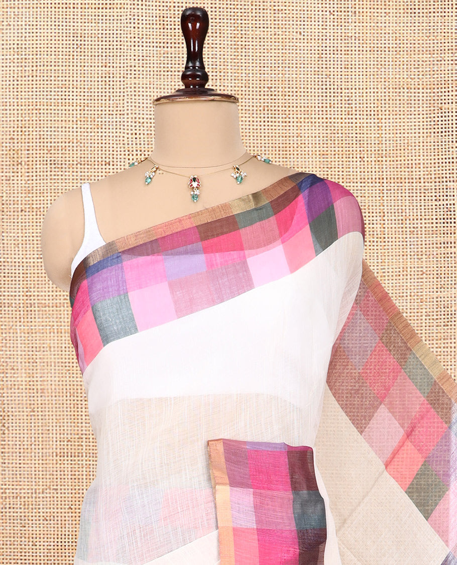 Cream-Pink Plain Handloom Cotton Saree, a Contrast Checked Border, Checked Pallu, and a Contrast Blouse